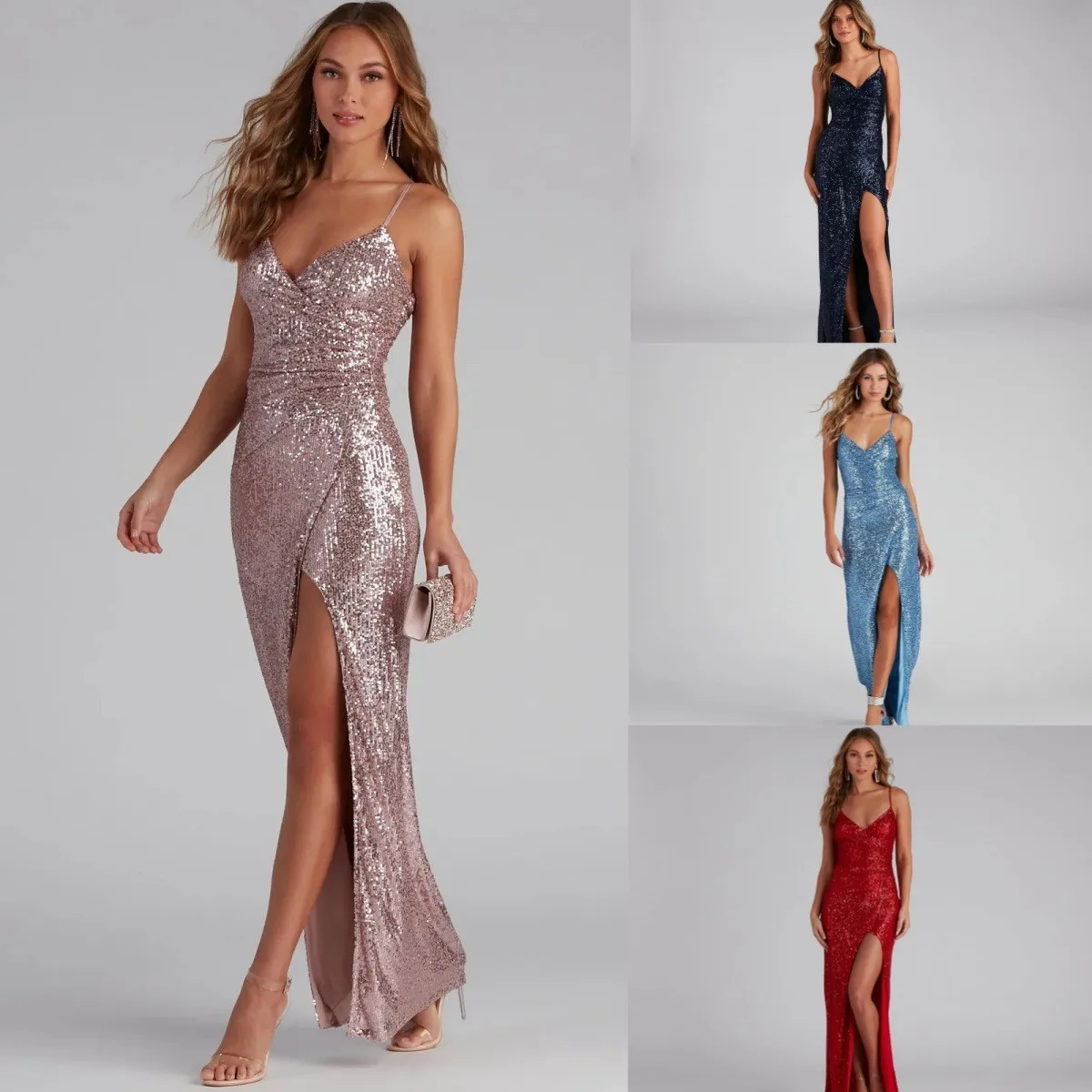 Robe de soirée à sequins RY230084 – Fendue, bretelles spaghetti, col V, style luxe