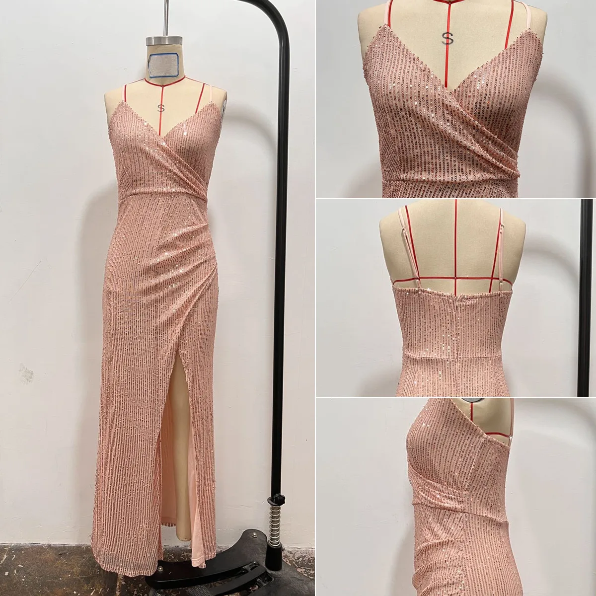 Robe de soirée à sequins RY230084 – Fendue, bretelles spaghetti, col V, style luxe