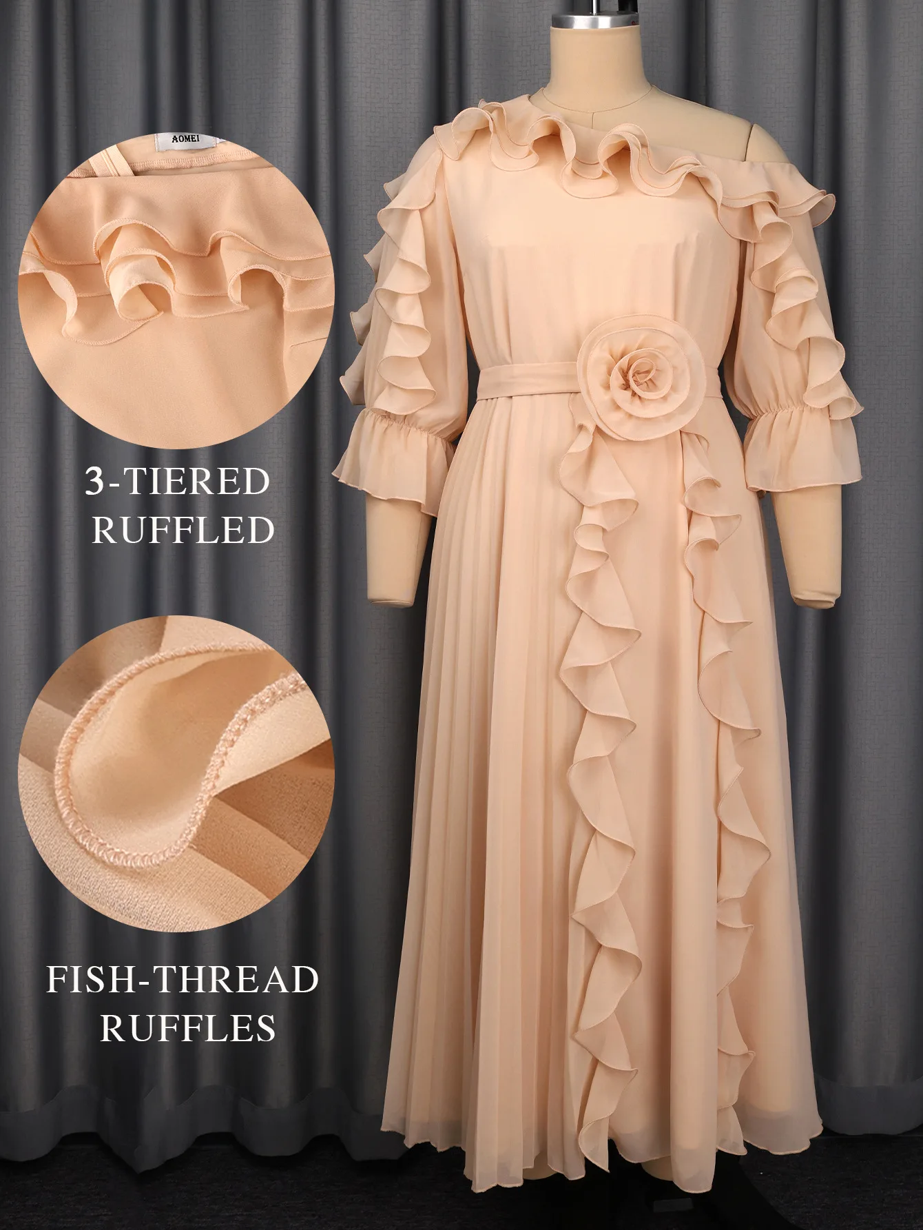 Robe de soirée grande taille élégante – Épaules dénudées, mousseline, fleur 3D & ceinture