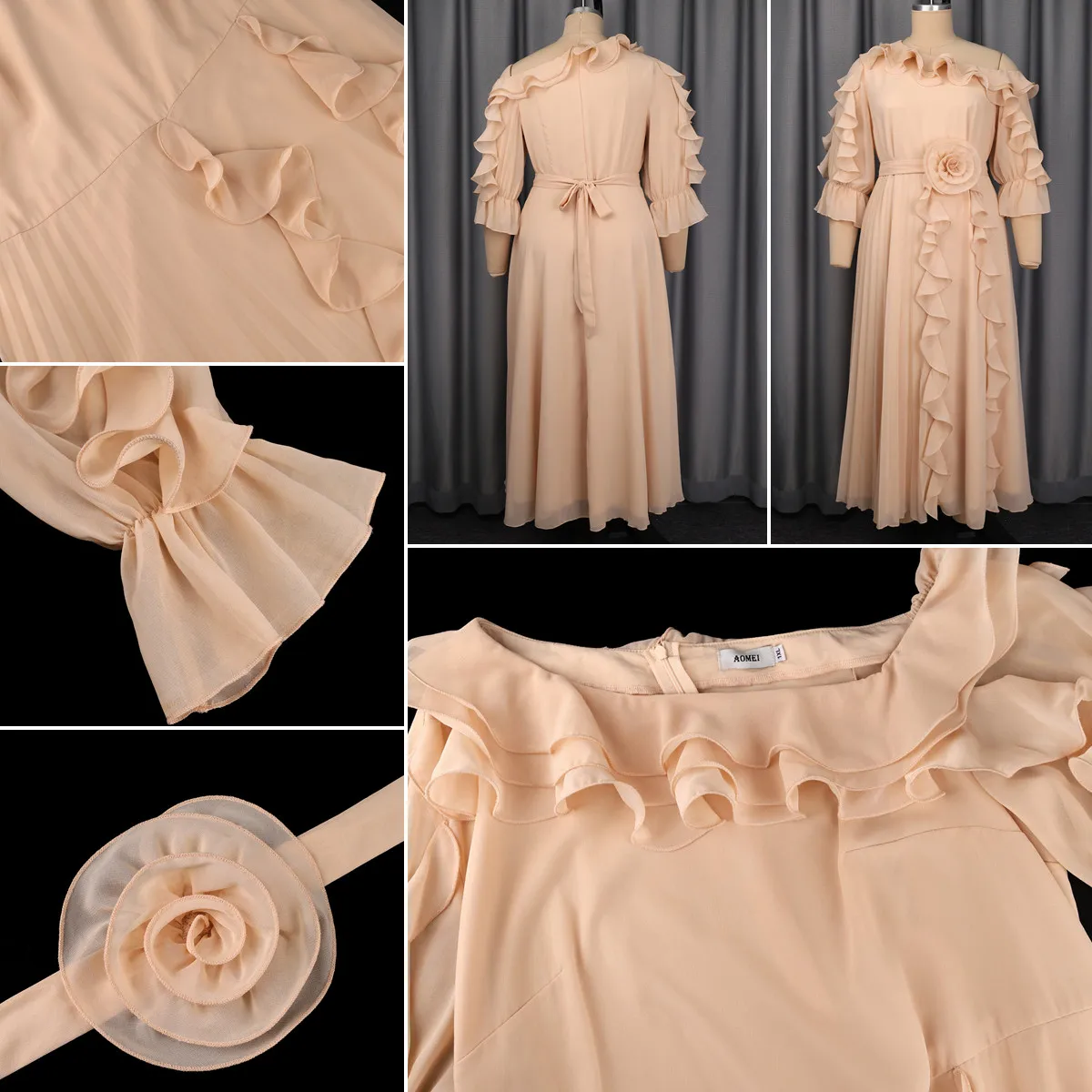 Robe de soirée grande taille élégante – Épaules dénudées, mousseline, fleur 3D & ceinture