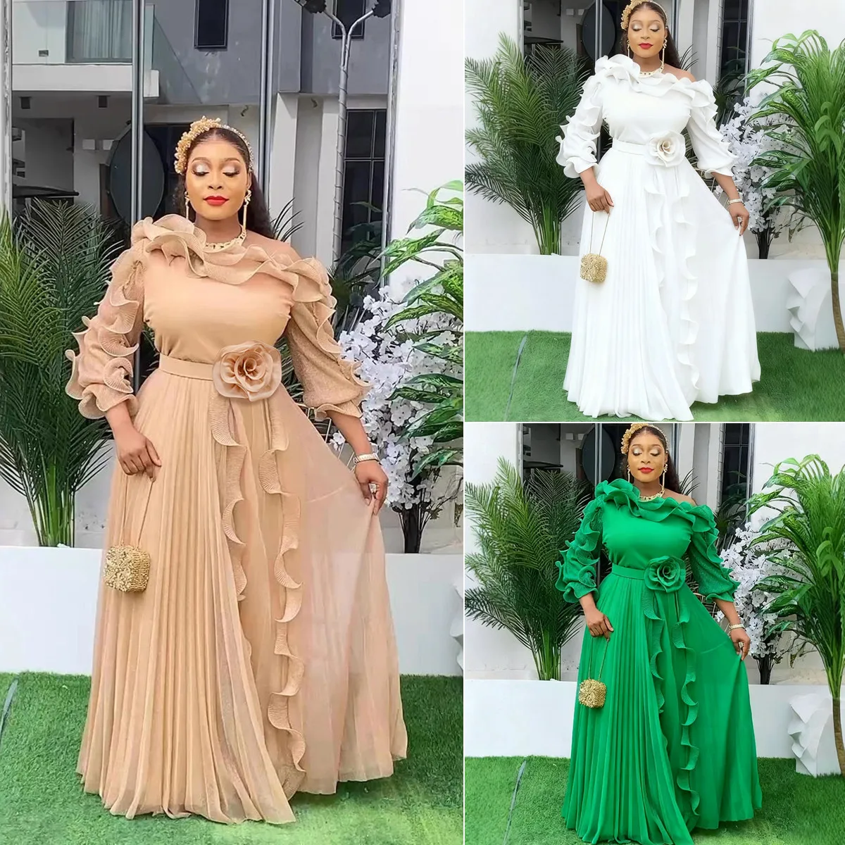 Robe de soirée grande taille élégante – Épaules dénudées, mousseline, fleur 3D & ceinture