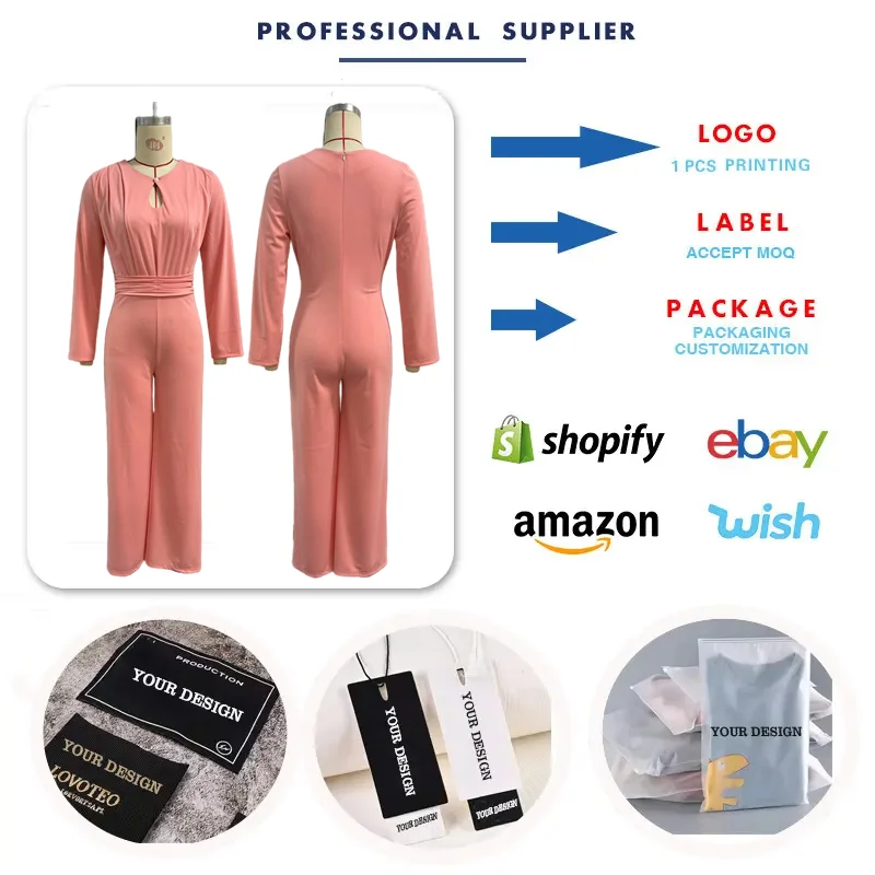 Combinaison femme tendance col V, manches longues, jambes larges, taille haute élastique