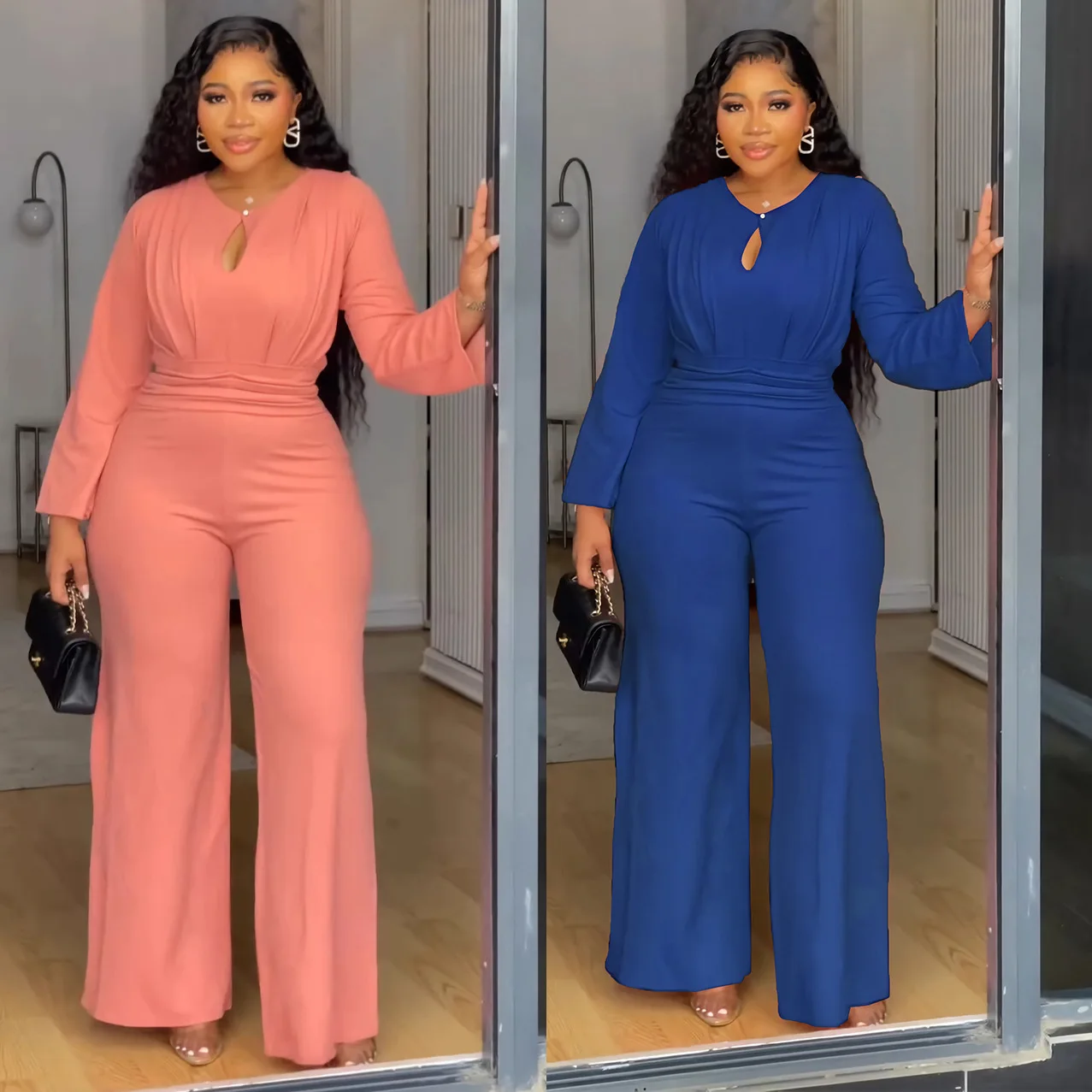 Combinaison femme tendance col V, manches longues, jambes larges, taille haute élastique