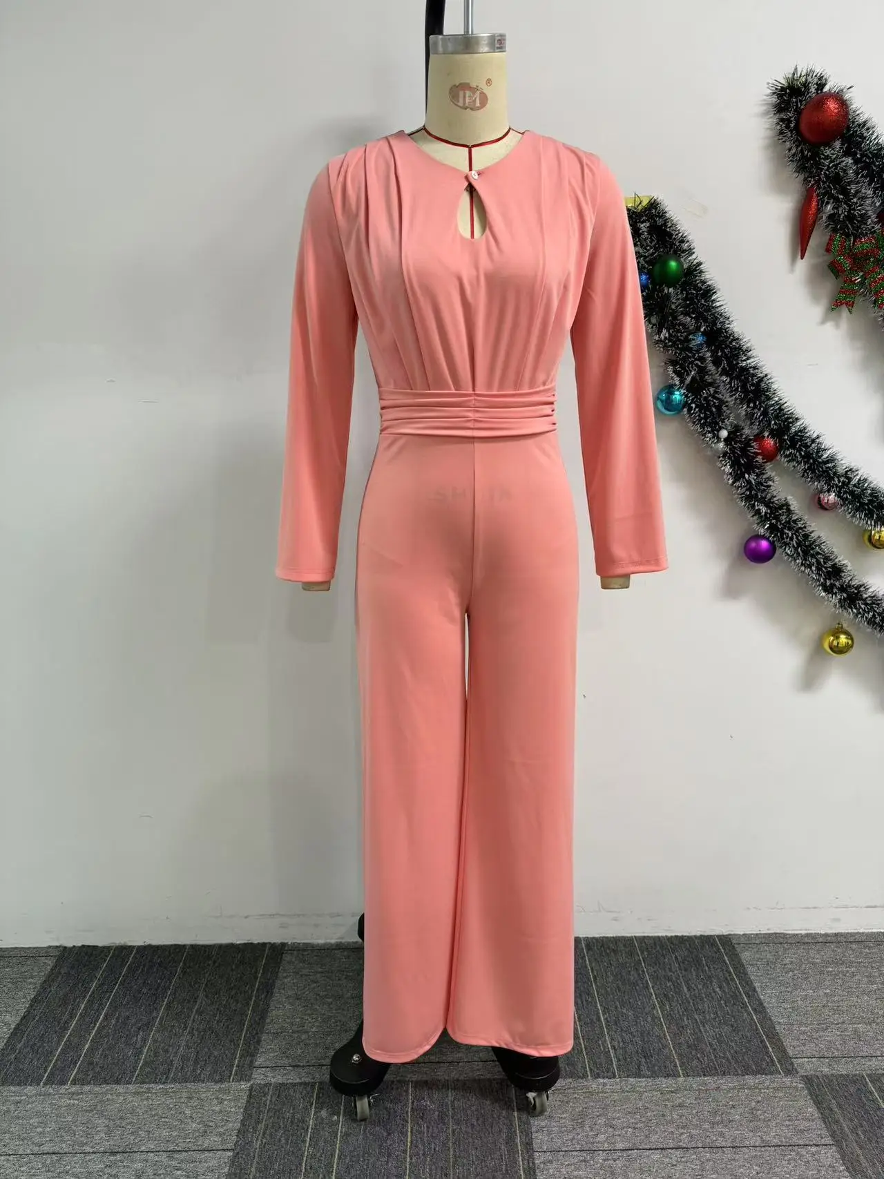 Combinaison femme tendance col V, manches longues, jambes larges, taille haute élastique