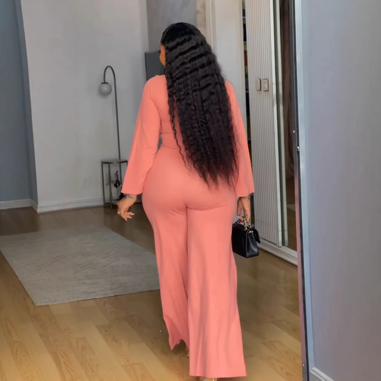 Combinaison femme tendance col V, manches longues, jambes larges, taille haute élastique