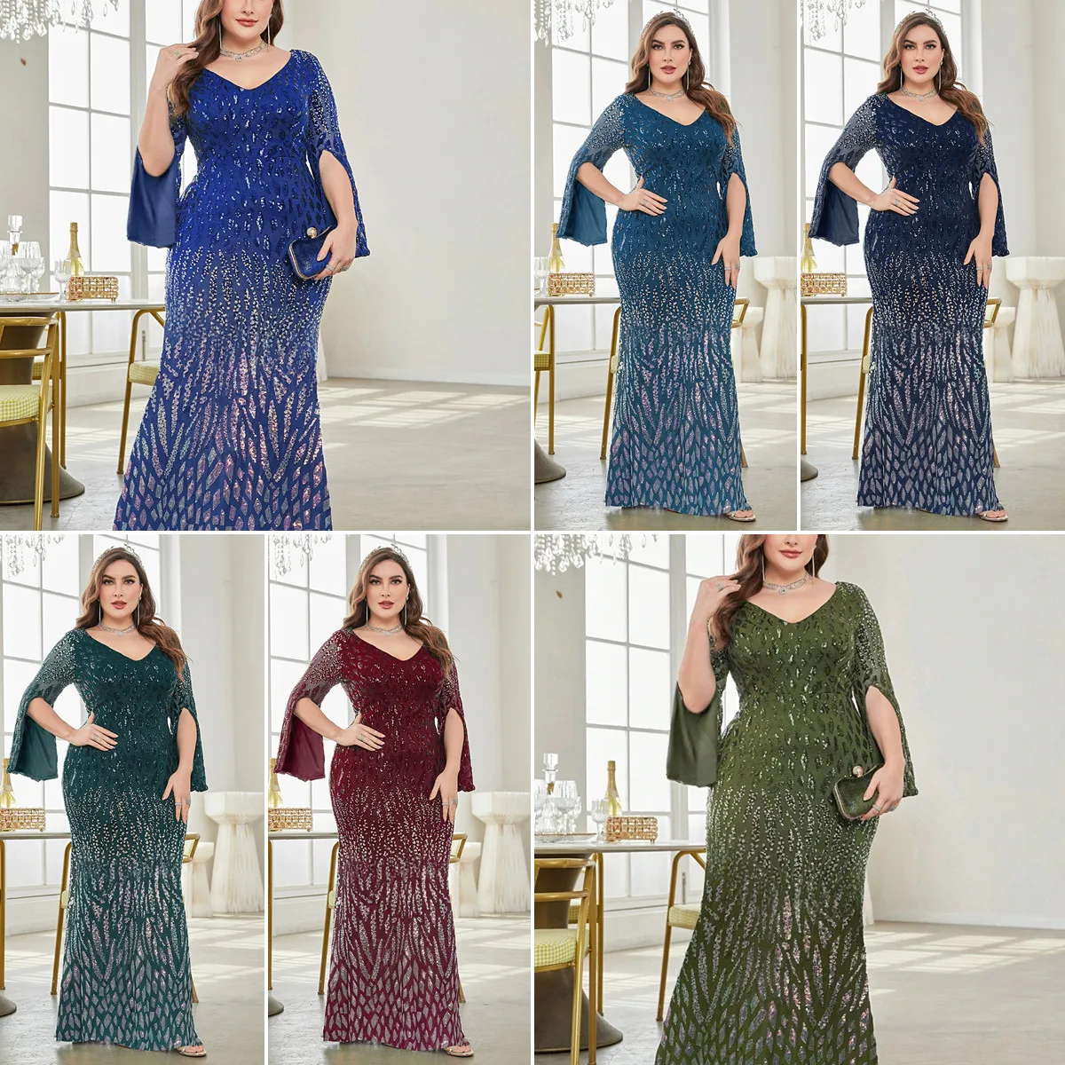 Robe de soirée sirène LY2192D | Col V, paillettes, manches longues, grandes tailles