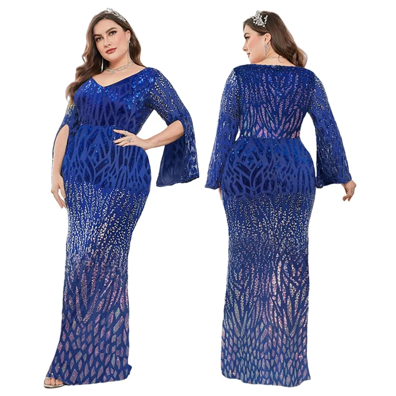 Robe de soirée sirène LY2192D | Col V, paillettes, manches longues, grandes tailles