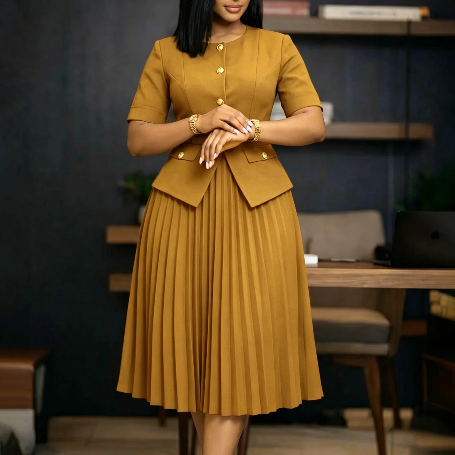 Robe deux pièces plissée femme col rond boutonnée avec ceinture – Style bureau chic