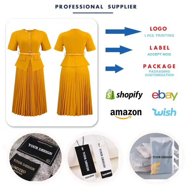 Robe deux pièces plissée femme col rond boutonnée avec ceinture – Style bureau chic