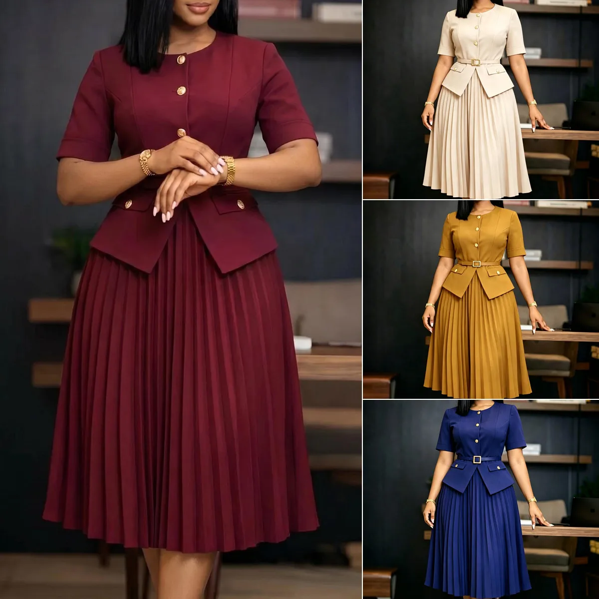Robe deux pièces plissée femme col rond boutonnée avec ceinture – Style bureau chic