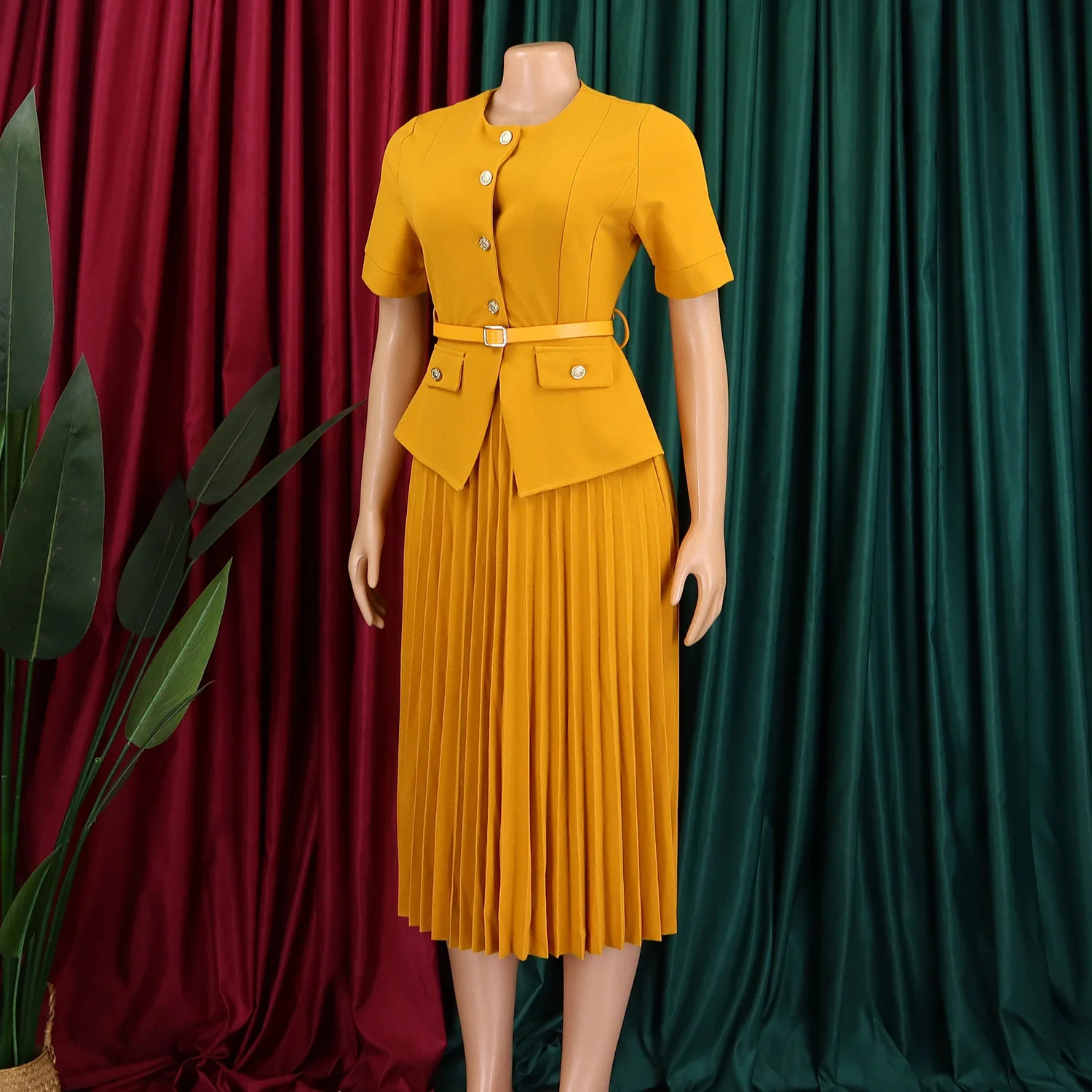 Robe deux pièces plissée femme col rond boutonnée avec ceinture – Style bureau chic