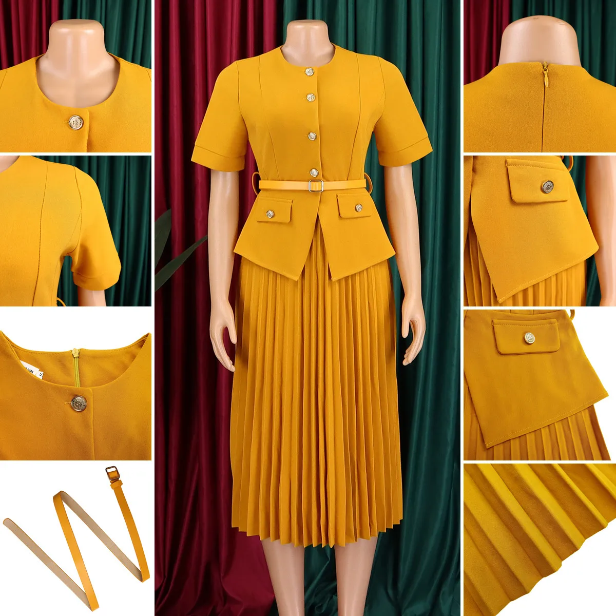 Robe deux pièces plissée femme col rond boutonnée avec ceinture – Style bureau chic
