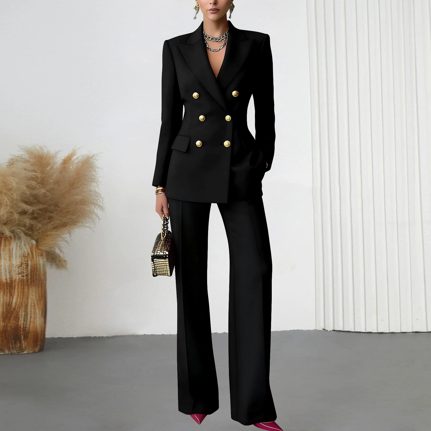 Ensemble Blazer Femme 2 Pièces – Veste Double Boutonnage & Pantalon Cheville | Bureau & Cérémonie