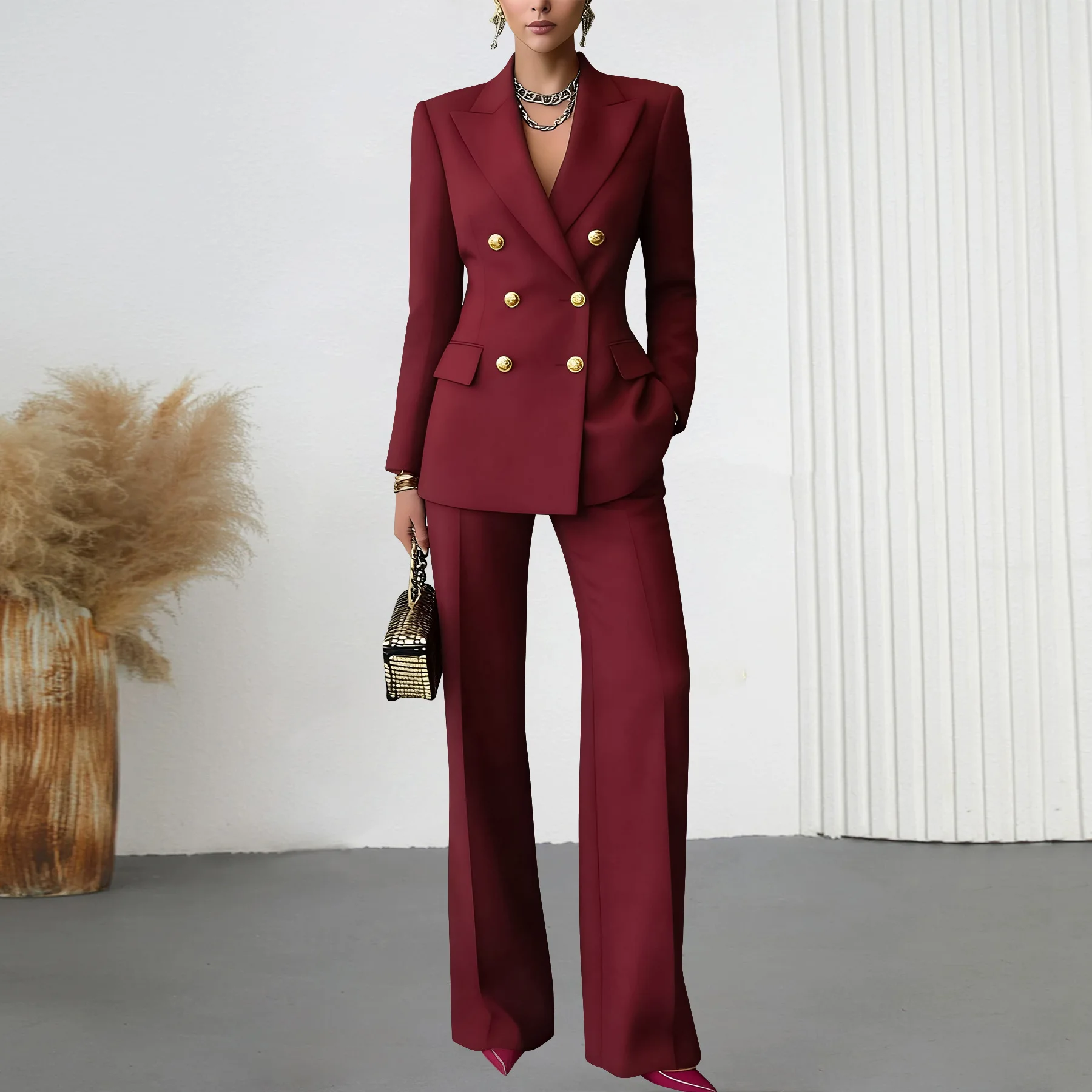 Ensemble Blazer Femme 2 Pièces – Veste Double Boutonnage & Pantalon Cheville | Bureau & Cérémonie