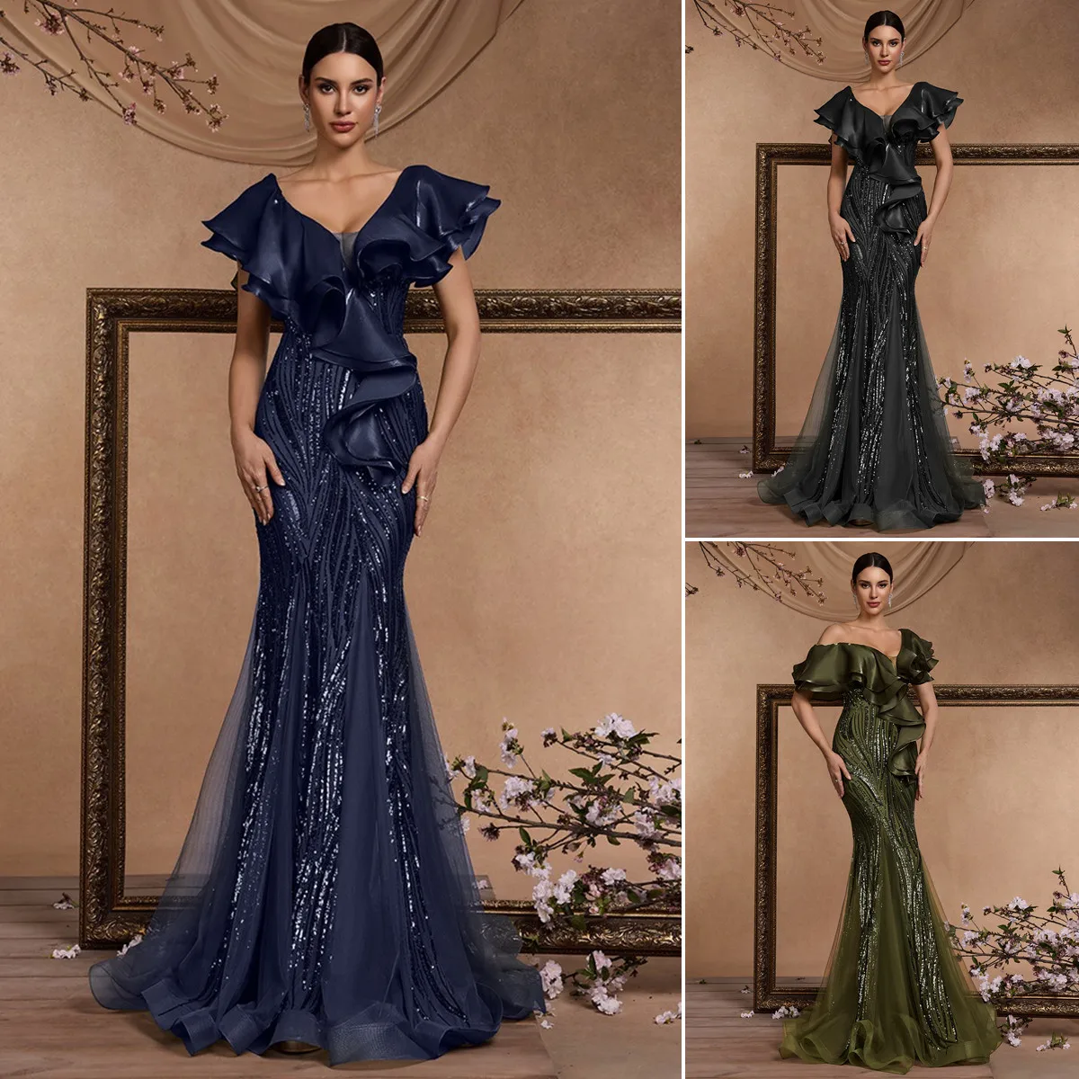 Robe Sirène Paillettes LY2704 – Élégante Robe de Soirée Luxe Dos Nu à Manches Volants