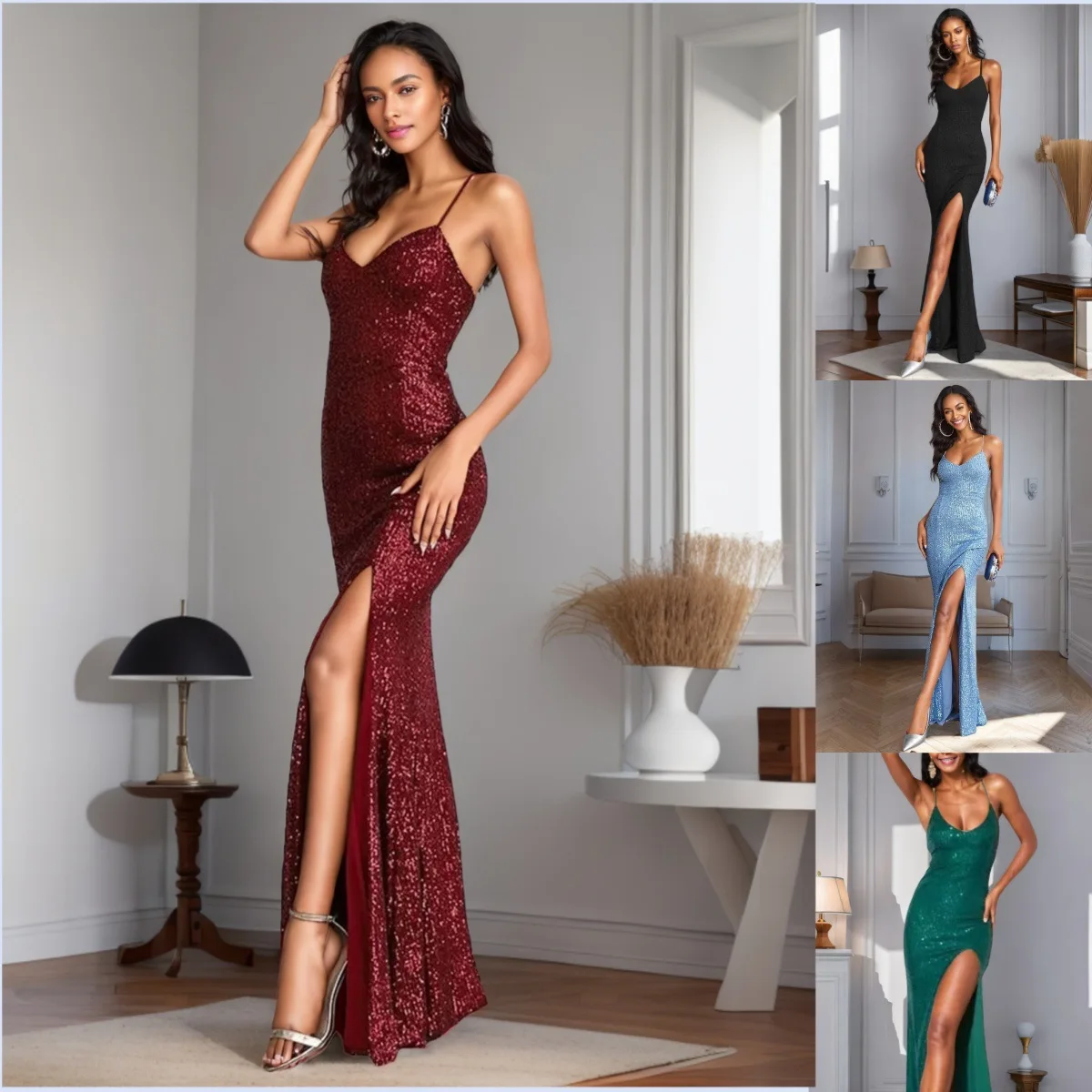 Robe de Soirée Luxe à Paillettes – Fente Haute, Col V, Bretelles Spaghetti | RY230124