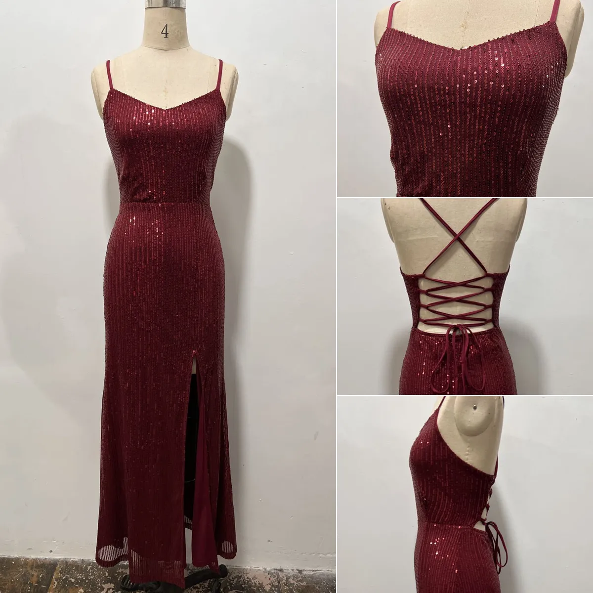 Robe de Soirée Luxe à Paillettes – Fente Haute, Col V, Bretelles Spaghetti | RY230124