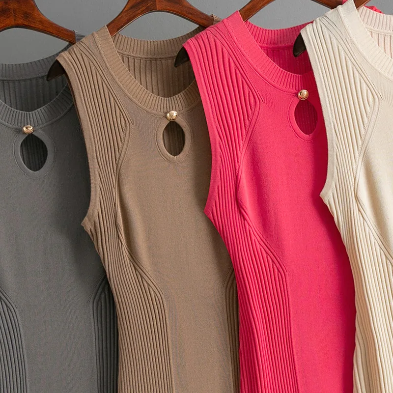 Robe Moulante Midi Sans Manches Col V – Maille Légère Élégante Femme P370