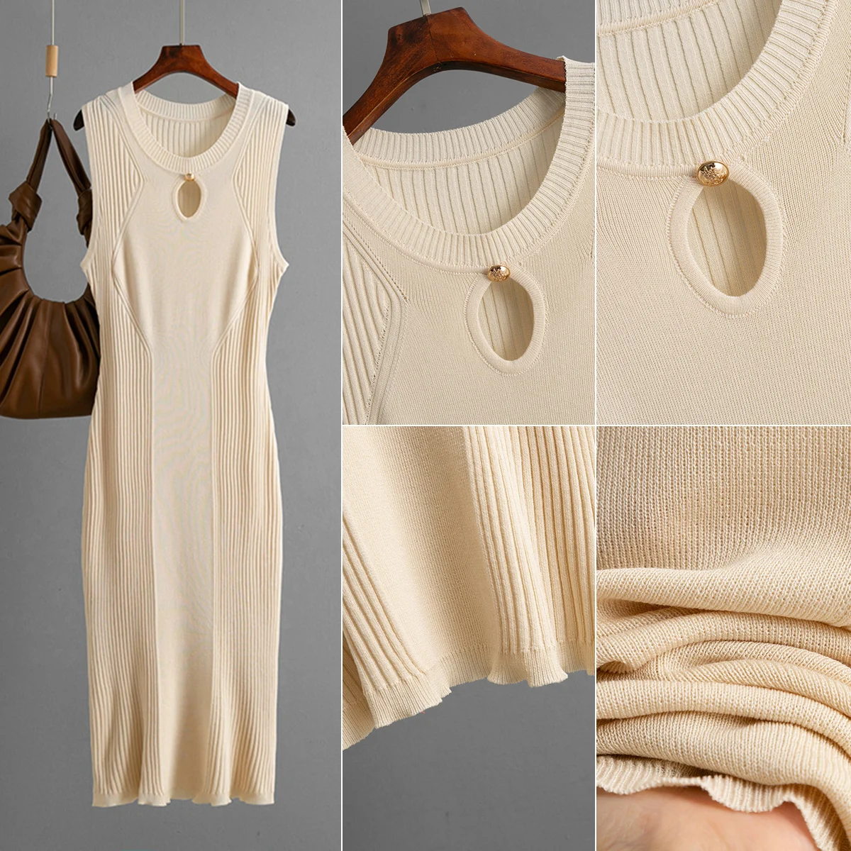 Robe Moulante Midi Sans Manches Col V – Maille Légère Élégante Femme P370