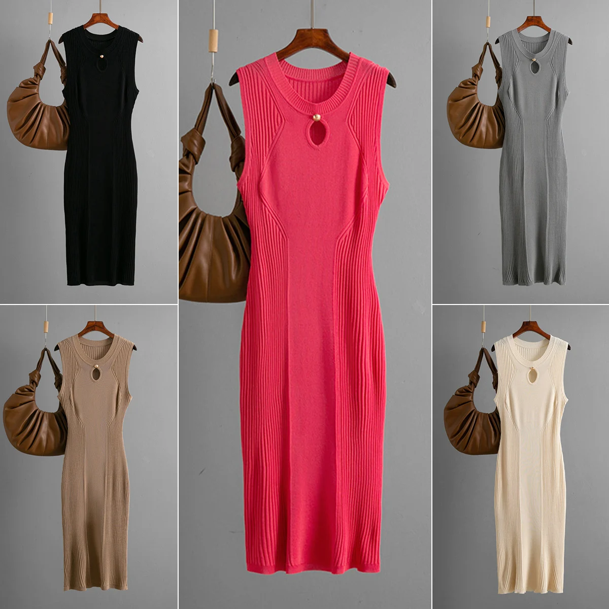 Robe Moulante Midi Sans Manches Col V – Maille Légère Élégante Femme P370