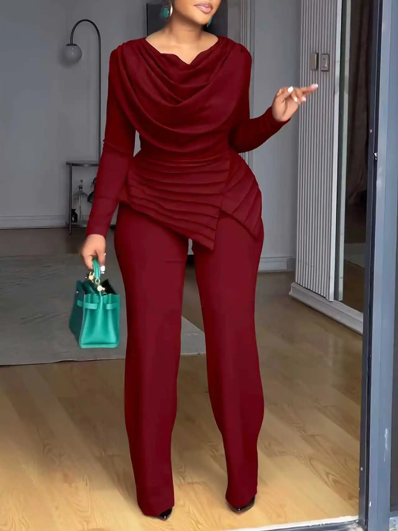 Ensemble 2 pièces femme grande taille BYJ658 – Haut col V & pantalon évasé décontracté