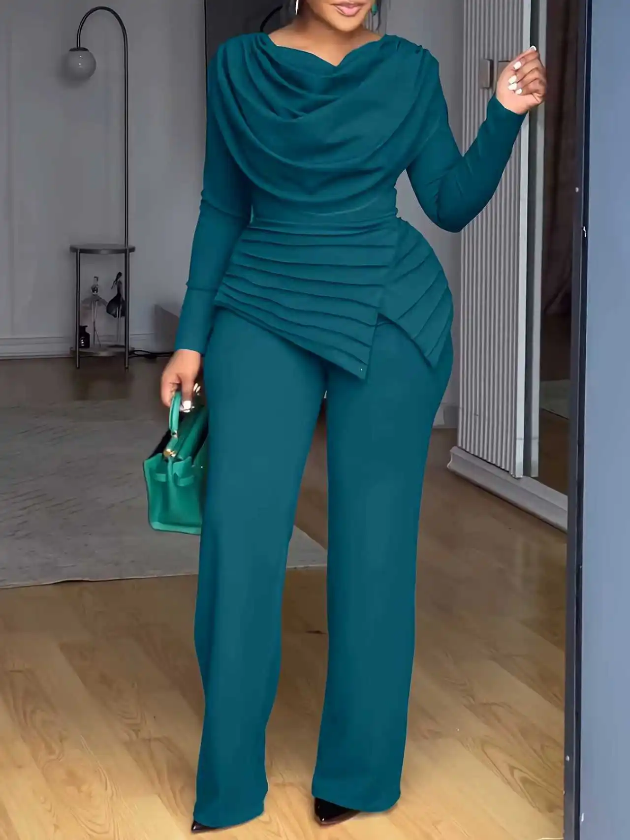 Ensemble 2 pièces femme grande taille BYJ658 – Haut col V & pantalon évasé décontracté