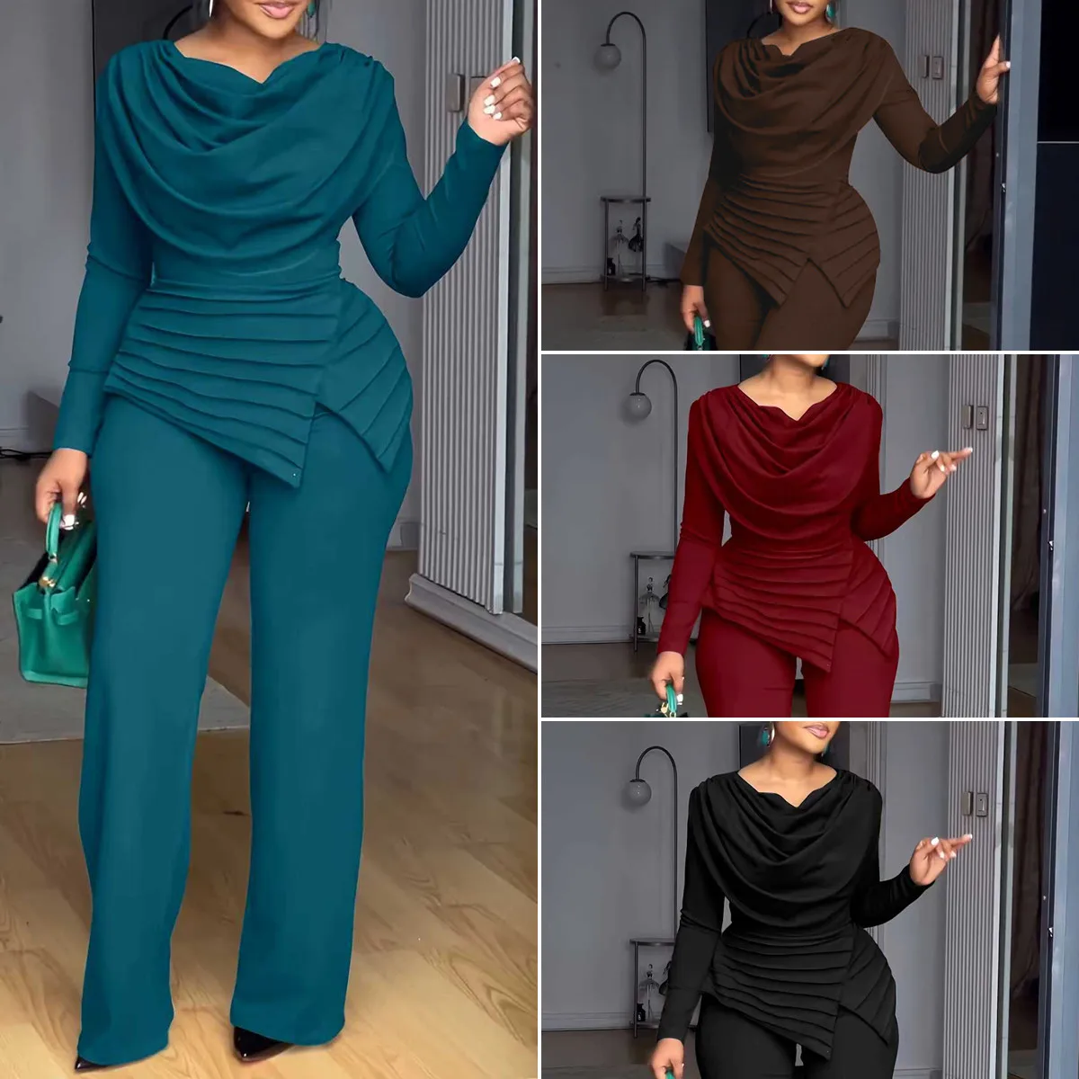 Ensemble 2 pièces femme grande taille BYJ658 – Haut col V & pantalon évasé décontracté