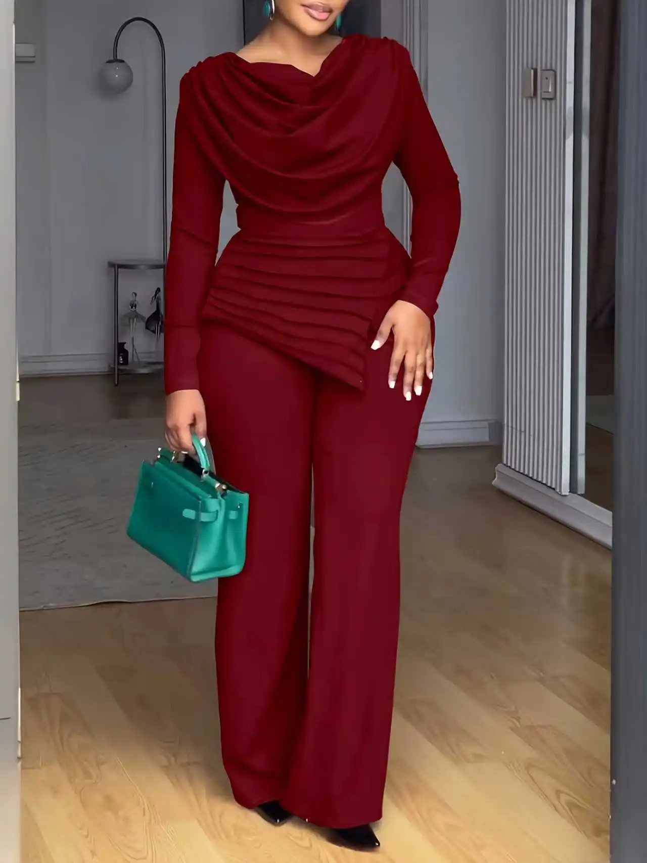 Ensemble 2 pièces femme grande taille BYJ658 – Haut col V & pantalon évasé décontracté