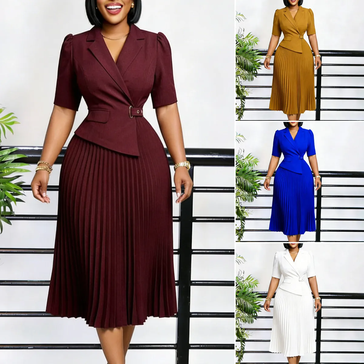 Robe de bureau tendance col V | Coupe A-Line mi-longue | Tissu respirant anti-rides