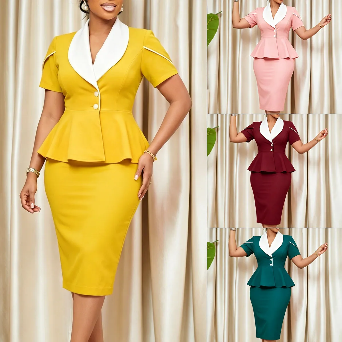 Robe de bureau maxi tendance D635 – Col châle, volants & couleurs contrastées