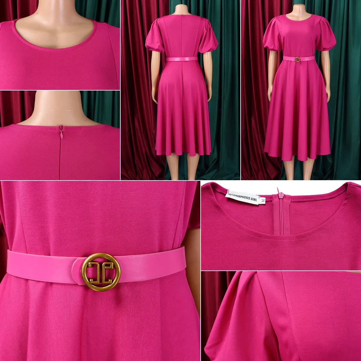 Robe d'été élégante D3373 – Col rond, manches bouffantes, coupe trapèze avec ceinture