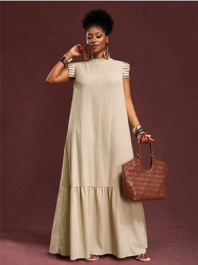 Robe Maxi Femme XJ119 – Col Cheongsam, Manches Volantées, Style Bohème Élégant