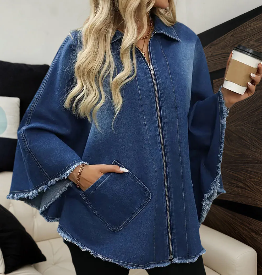 Veste en Jean Femme H9008 – Manches Chauve-Souris, Coupe Ample, Style Vintage Décontracté