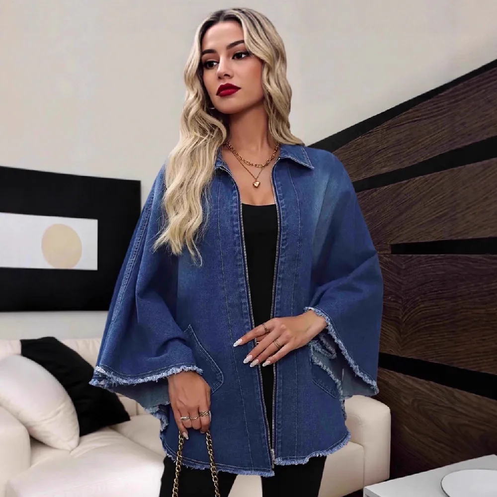 Veste en Jean Femme H9008 – Manches Chauve-Souris, Coupe Ample, Style Vintage Décontracté
