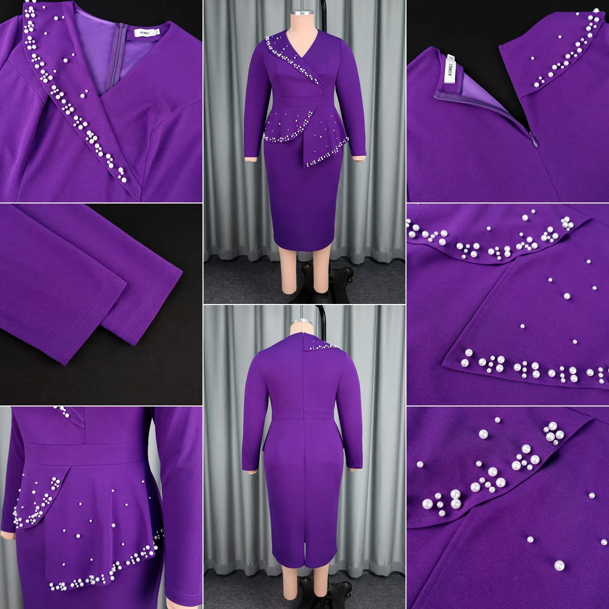 Robe de Soirée Luxe AM050765 – Col V, Manches Longues, Strass & Perles