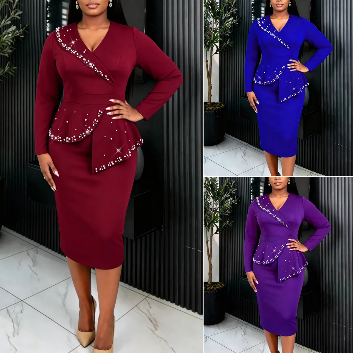 Robe de Soirée Luxe AM050765 – Col V, Manches Longues, Strass & Perles