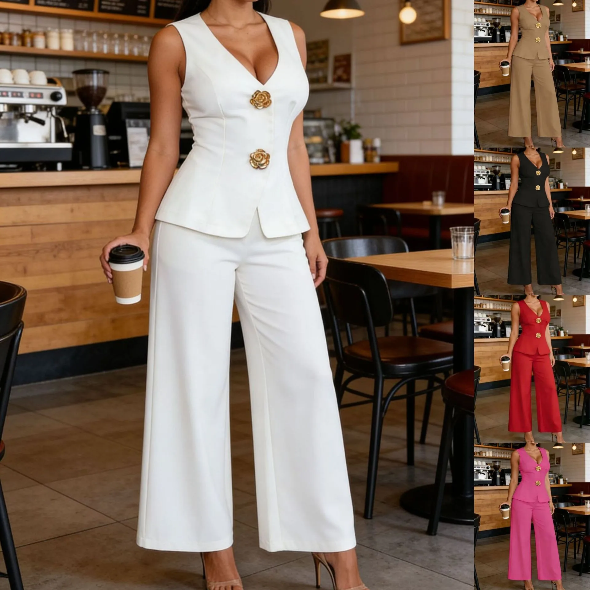 Ensemble tailleur femme Y9643 – Blazer sans manches boutons dorés & pantalon large | Bureau & Affaires