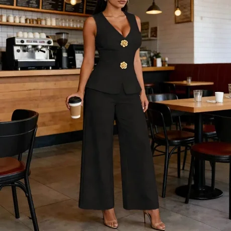 Ensemble tailleur femme Y9643 – Blazer sans manches boutons dorés & pantalon large | Bureau & Affaires