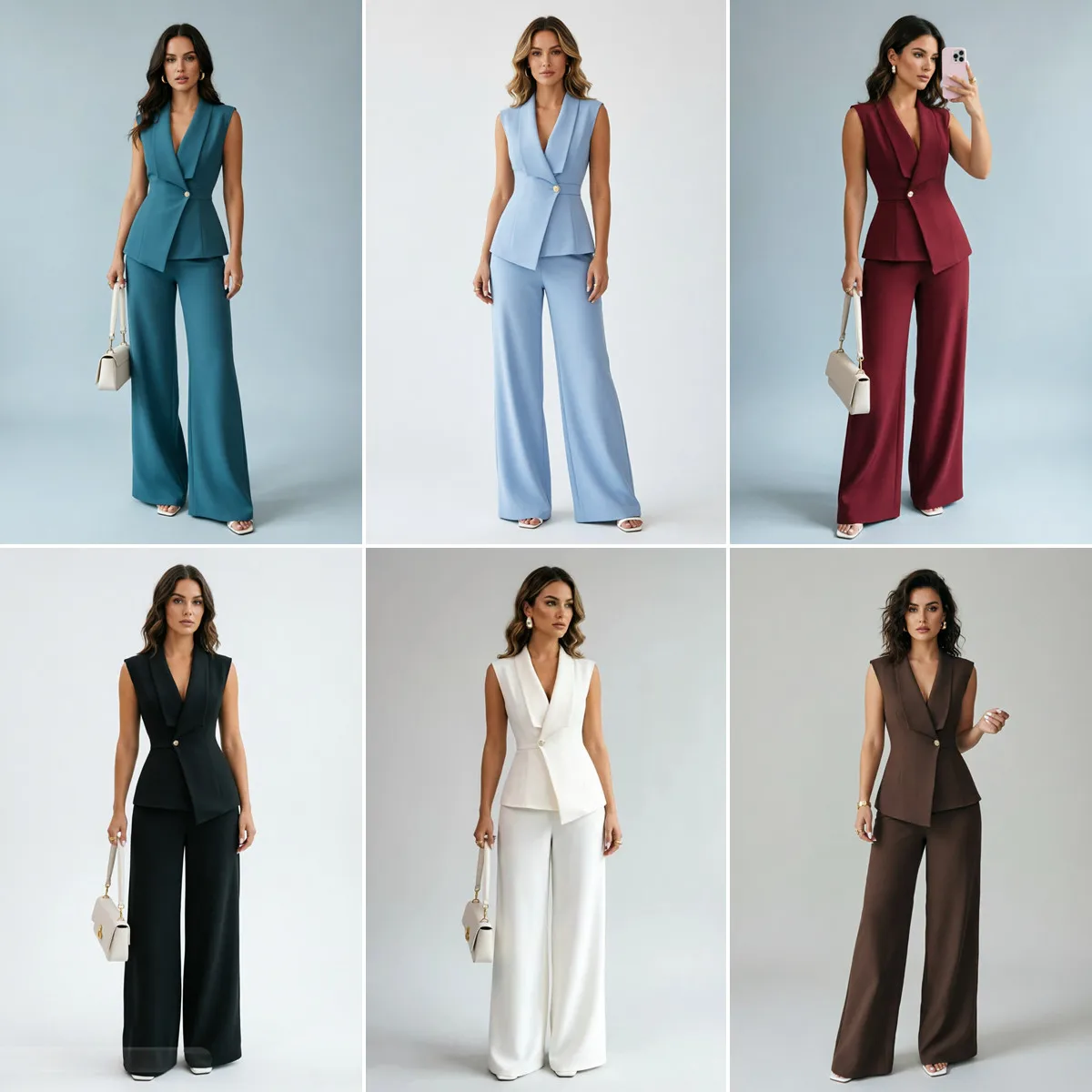 Ensemble Blazer Sans Manches + Pantalon Large Femme – Tenue Bureau Chic 2 Pièces Y9661