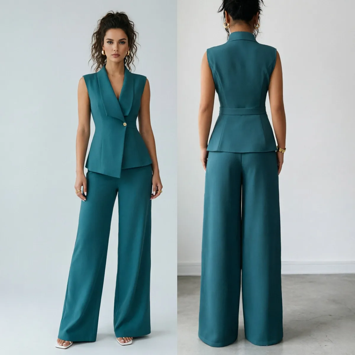 Ensemble Blazer Sans Manches + Pantalon Large Femme – Tenue Bureau Chic 2 Pièces Y9661