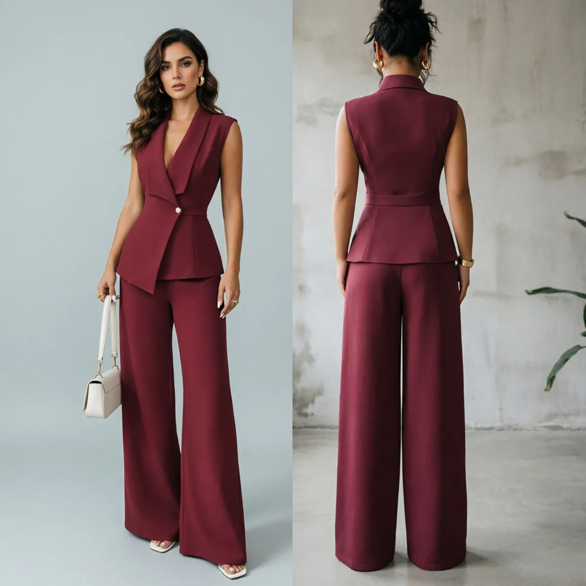 Ensemble Blazer Sans Manches + Pantalon Large Femme – Tenue Bureau Chic 2 Pièces Y9661