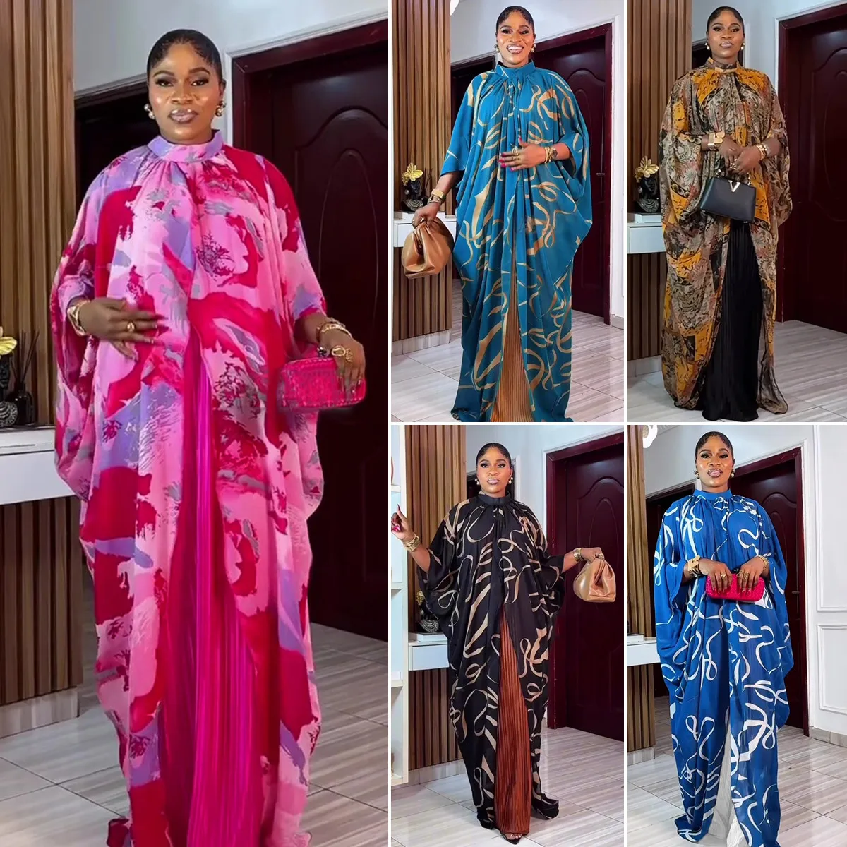 Boubou Africain Femme S11159 – Robe + Ensemble Intérieure Imprimé Floral Manches Longues