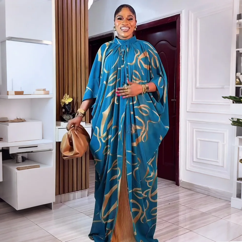 Boubou Africain Femme S11159 – Robe + Ensemble Intérieure Imprimé Floral Manches Longues