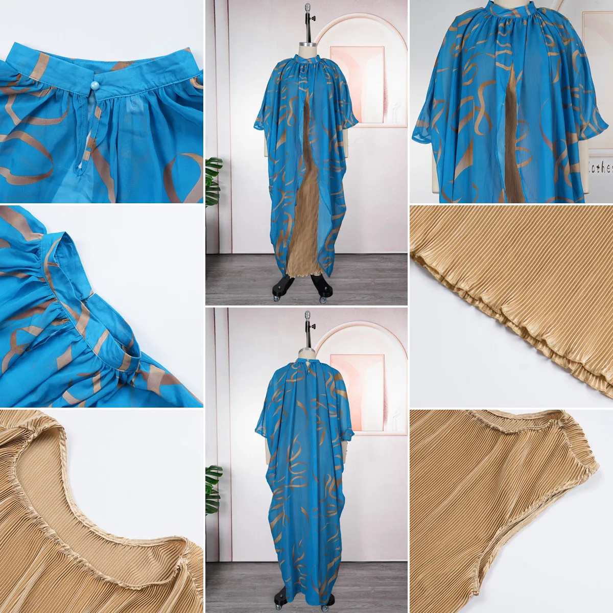 Boubou Africain Femme S11159 – Robe + Ensemble Intérieure Imprimé Floral Manches Longues