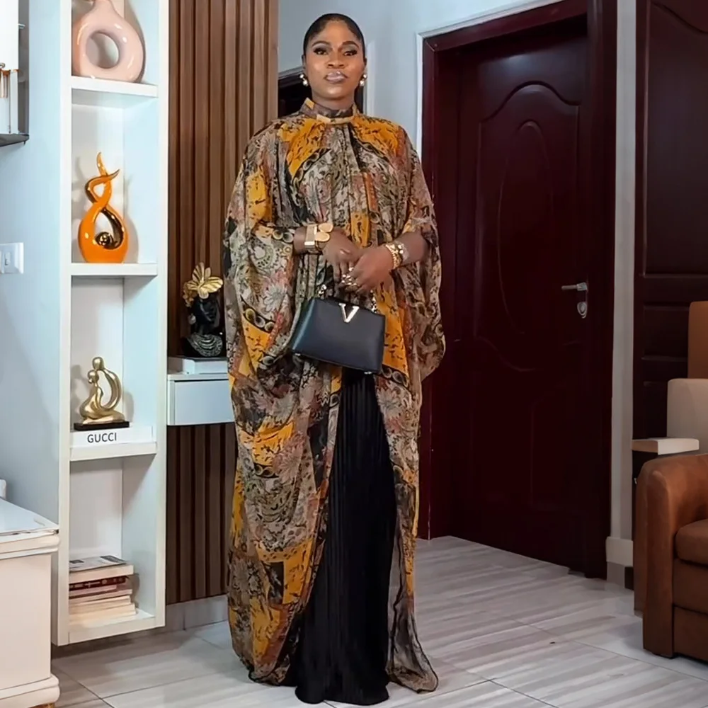 Boubou Africain Femme S11159 – Robe + Ensemble Intérieure Imprimé Floral Manches Longues