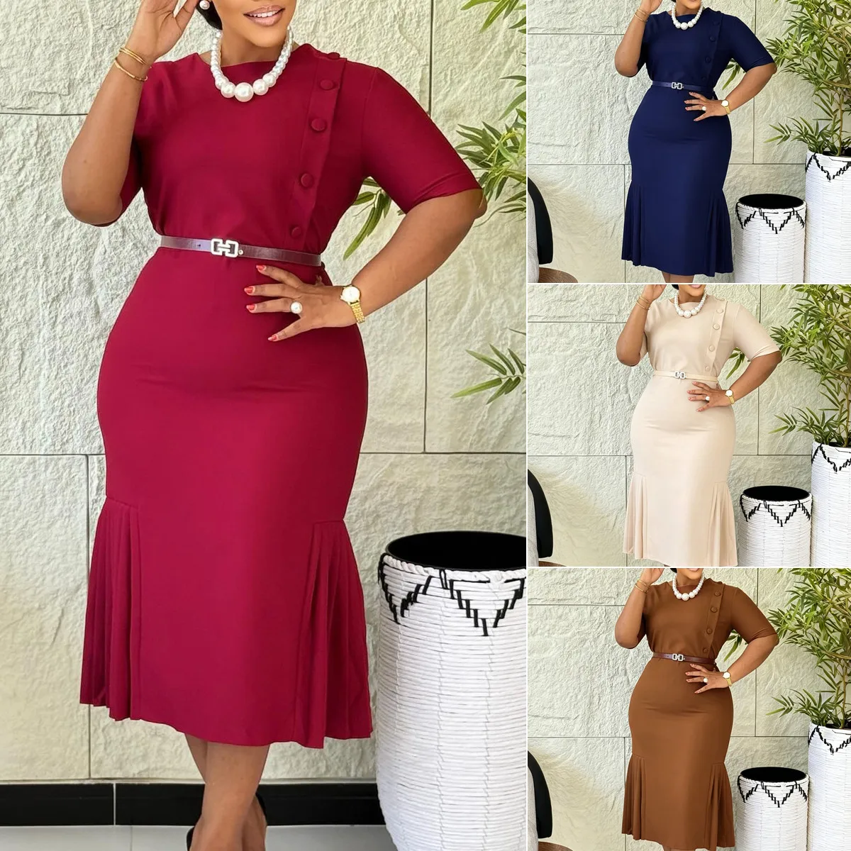 Robe de bureau élégante C8665 – Col rond, manches courtes, ceinture incluse