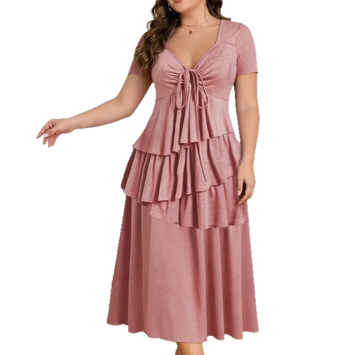 Robe Maxi Grande Taille Femme – Volants Irréguliers & Lacets, Manches Courtes, Style Décontracté Été