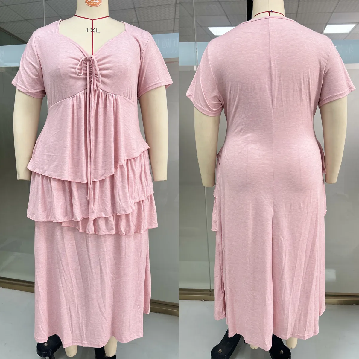 Robe Maxi Grande Taille Femme – Volants Irréguliers & Lacets, Manches Courtes, Style Décontracté Été