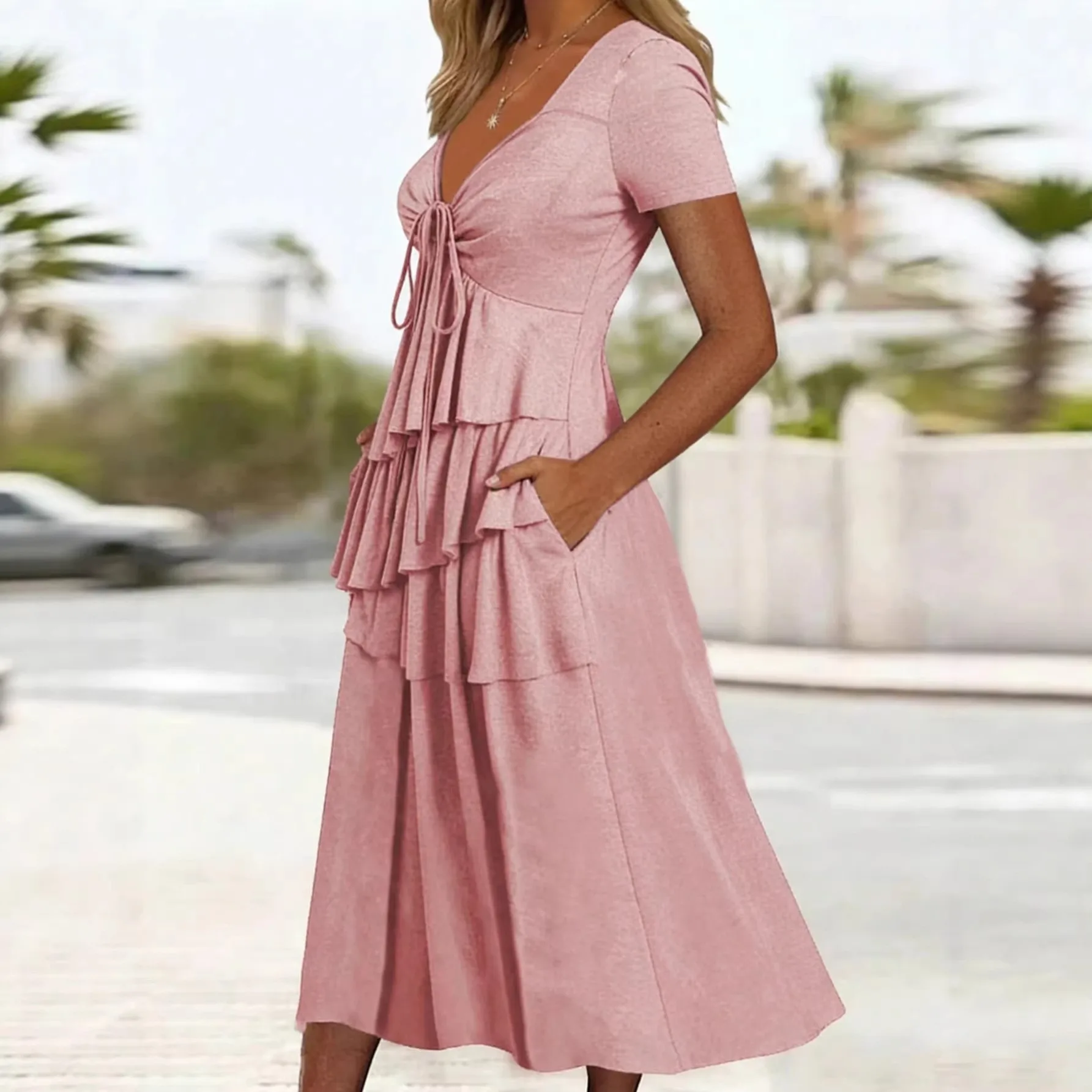 Robe Maxi Grande Taille Femme – Volants Irréguliers & Lacets, Manches Courtes, Style Décontracté Été