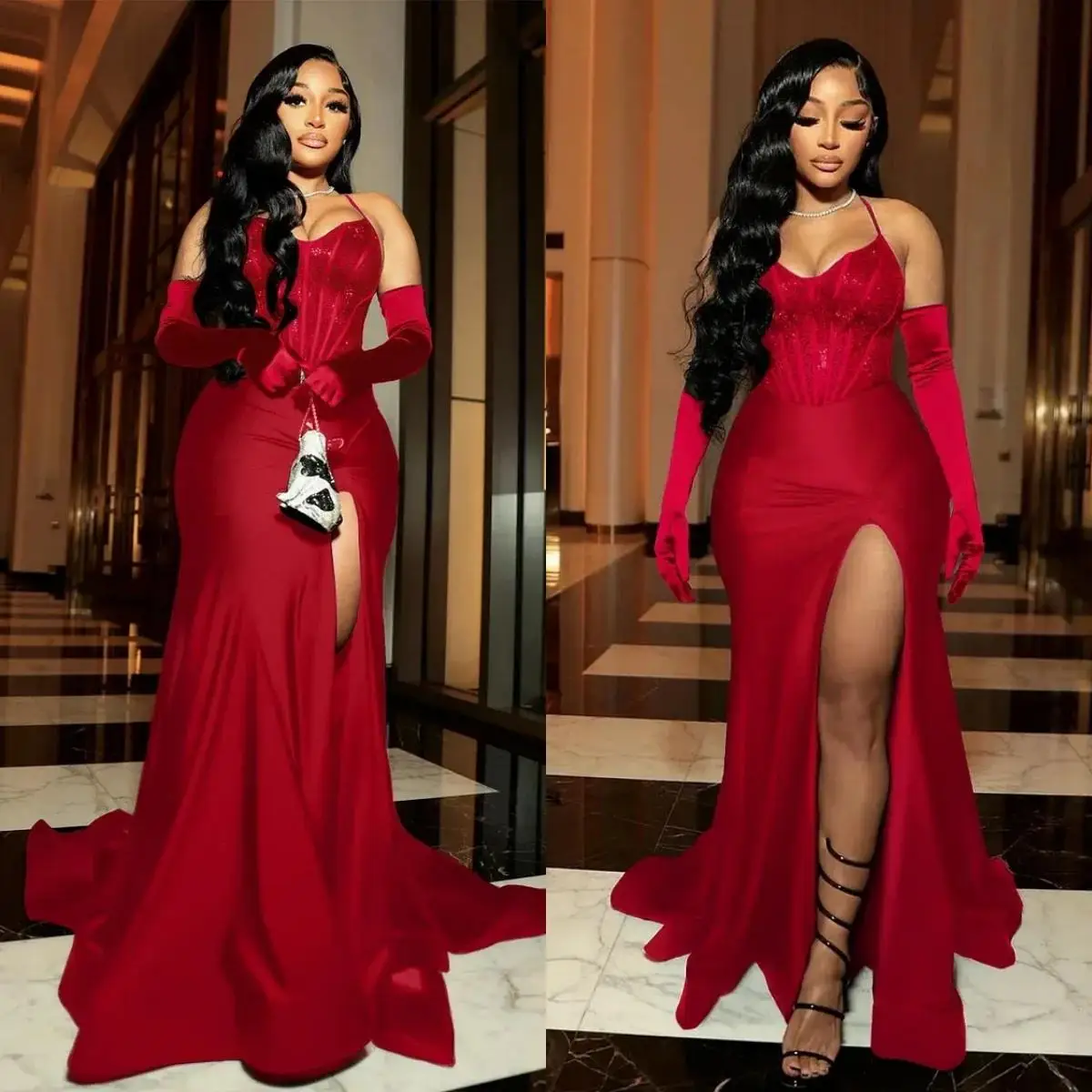 Robe de soirée longue Y8415 – Bretelles fines, col V, ornements de perles & ruché